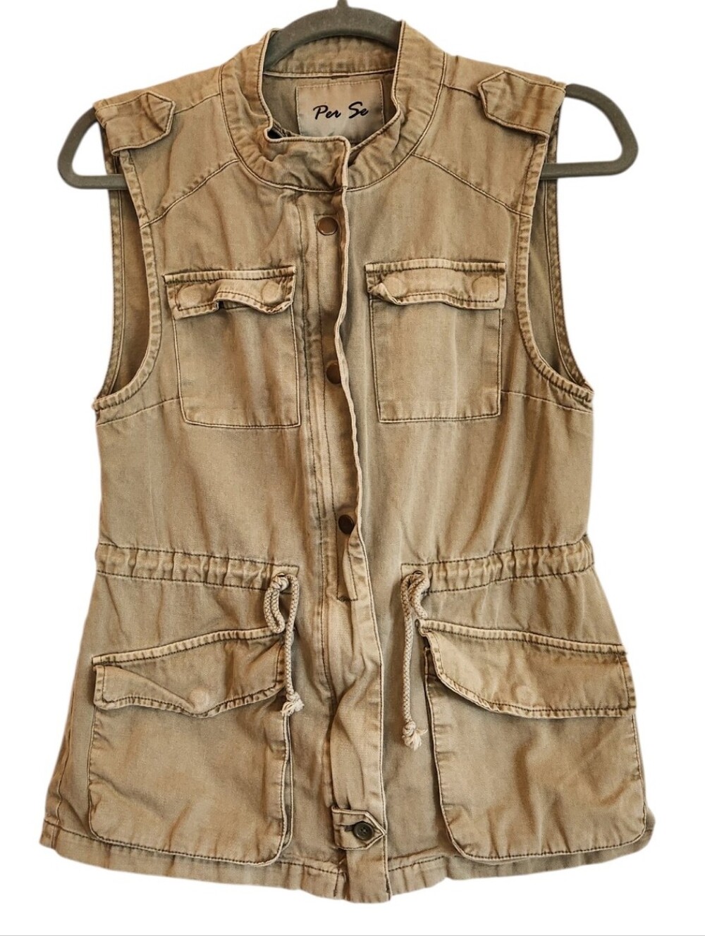 Per Se Utility Cargo Vest Khaki/Lt Olive Cinch Waist Size S Military Inspired